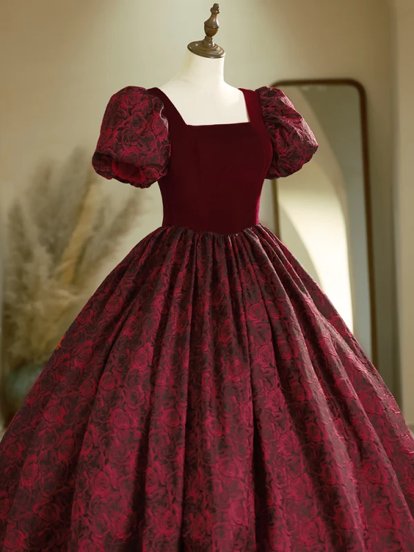 Elegant Burgundy Rose Printing Satin Prom Dresses 2024 Ball Gown Square Neckline Puffy