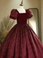 Elegant Burgundy Rose Printing Satin Prom Dresses 2024 Ball Gown Square Neckline Puffy Short Sleeve Backless Floor-Length / Long Prom Formal Dresses