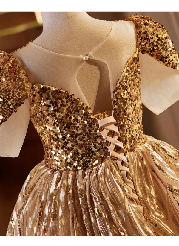Scintillantes Doré Paillettes Anniversaire Robe Ceremonie Fille 2024 Robe Boule Encolure Dégagée Manches Courtes Dos Nu Longue