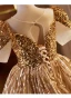 Scintillantes Doré Paillettes Anniversaire Robe Ceremonie Fille 2024 Robe Boule Encolure Dégagée Manches Courtes Dos Nu Longue