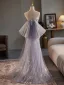 Sexy Silber Grau Pailletten Gespaltete Front Ballkleider 2024 Meerjungfrau Bandeau Ärmellos Rückenfreies Sweep / Pinsel Zug Ball Festliche Kleider