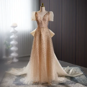 Sparkly Champagne Beading Sequins Evening Dresses 2023 A Line Princess V Neck Short Sleeve Backless Bow Sweep Train Evening Party Formal Dresses
