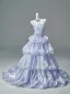 High-end Fashion Sky Blue Glitter Appliques Cascading Ruffles Prom Dresses 2026 Ball Gown Strapless Sleeveless Backless Court Train Formal Dresses