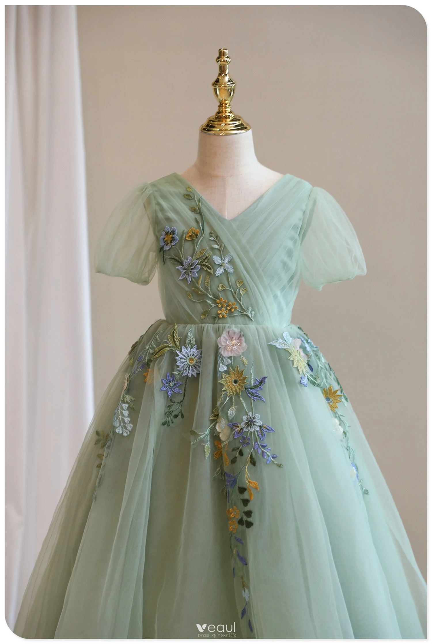 Chic Beautiful Sage Green Lace Flower Birthday Flower Girl Dresses 2024 A  Line Princess V Neck Short Sleeve Backless Floor Length Long Tulle