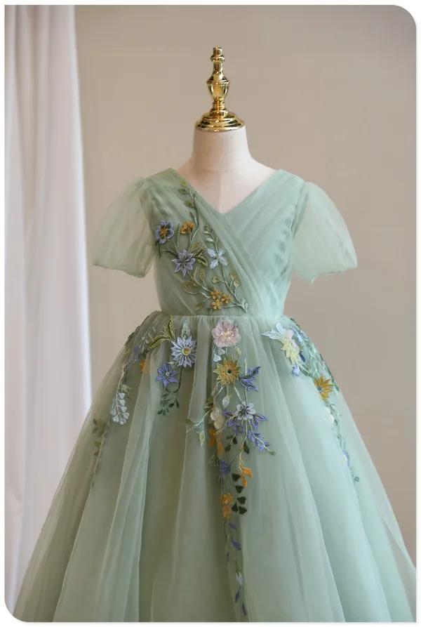Chic / Beautiful Sage Green Lace Flower Birthday Flower Girl Dresses 2024 A-Line / Princess V-Neck Short Sleeve Backless Floor-Length / Long Tulle