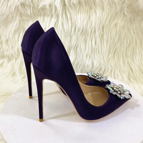Chic / Beautiful Satin Purple Rhinestone Pumps 2022 Cocktail Party 12 cm Stiletto Heels Pointed Toe Pumps High Heels