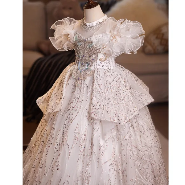 Bling Bling Champagne Beading Pearl Rhinestone Birthday Flower Girl Dresses 2025 Ball Gown Off-The-Shoulder Short Sleeve Backless Floor-Length / Long