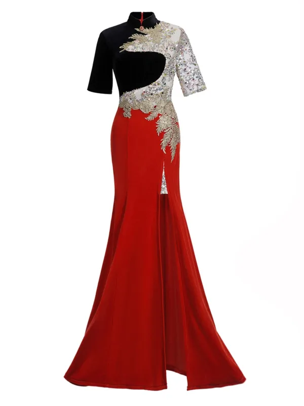 Amazing / Unique Chinese style Burgundy Beading Sequins Lace Flower Velvet Split Front Cheongsam 2025 Trumpet / Mermaid High Neck Short Sleeve Floor-Length / Long Evening Party