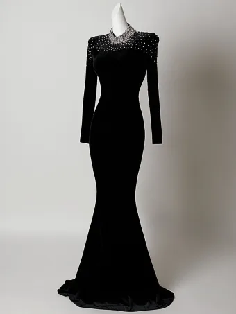 Sexy Noire Faux Diamant Velours Robe De Soirée 2026 Trompette Sirène Col Haut Manches Longues Train De Balayage Robe De Ceremonie