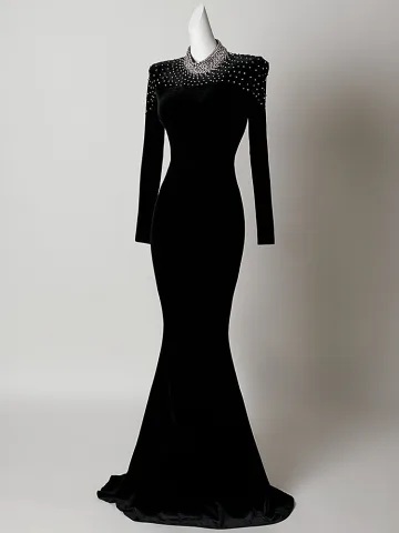 Sexy Black Rhinestone Velvet Evening Dresses 2026 Trumpet Mermaid High Neck Long Sleeve Sweep Train Formal Dresses