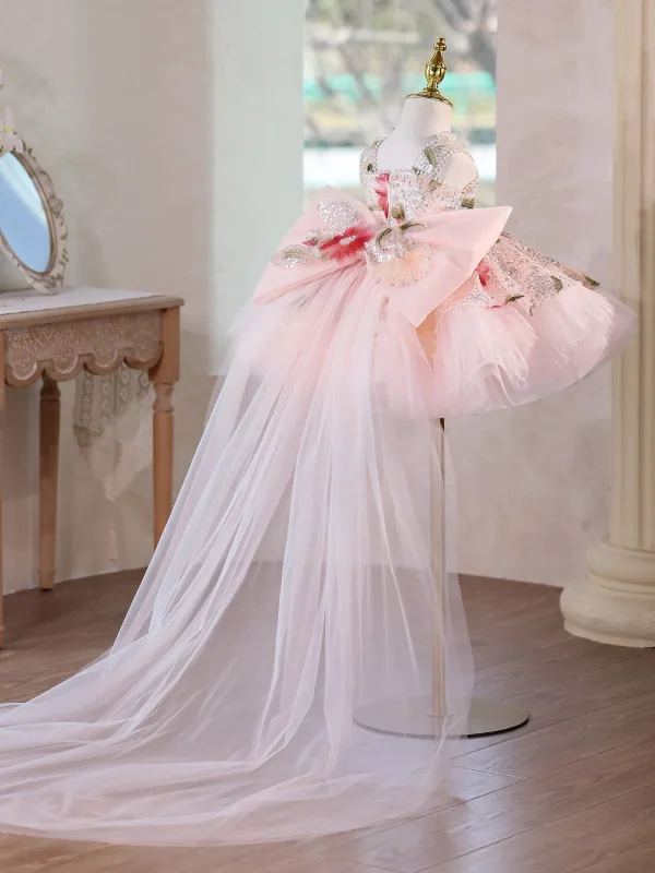 Dazzling Blushing Pink Beading Appliques Sequins Birthday Short Flower Girl Dresses 2026 Ball Gown Square Neckline Sleeveless Backless Bow