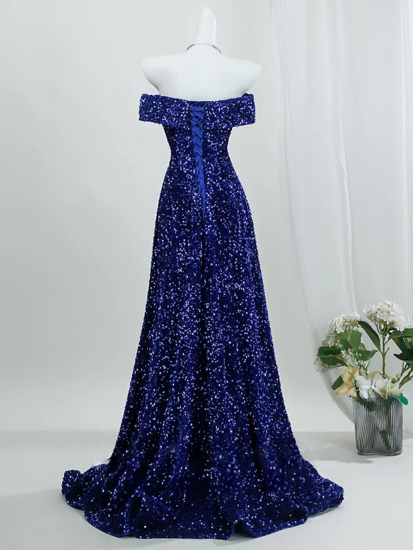 Vintage Glitzernden Marineblau Pailletten Abendkleider 2026 A Linie Off Shoulder Kurze Ärmel Rückenfreies Sweep / Pinsel Zug Festliche Kleider