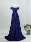 Vintage Glitzernden Marineblau Pailletten Abendkleider 2026 A Linie Off Shoulder Kurze Ärmel Rückenfreies Sweep / Pinsel Zug Festliche Kleider
