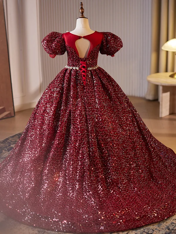 Scintillantes Bordeaux Perlage Perle Faux Diamant Paillettes Anniversaire Robe Ceremonie Fille 2024 Robe Boule Encolure Dégagée Manches Courtes Dos Nu Longue