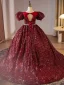 Scintillantes Bordeaux Perlage Perle Faux Diamant Paillettes Anniversaire Robe Ceremonie Fille 2024 Robe Boule Encolure Dégagée Manches Courtes Dos Nu Longue