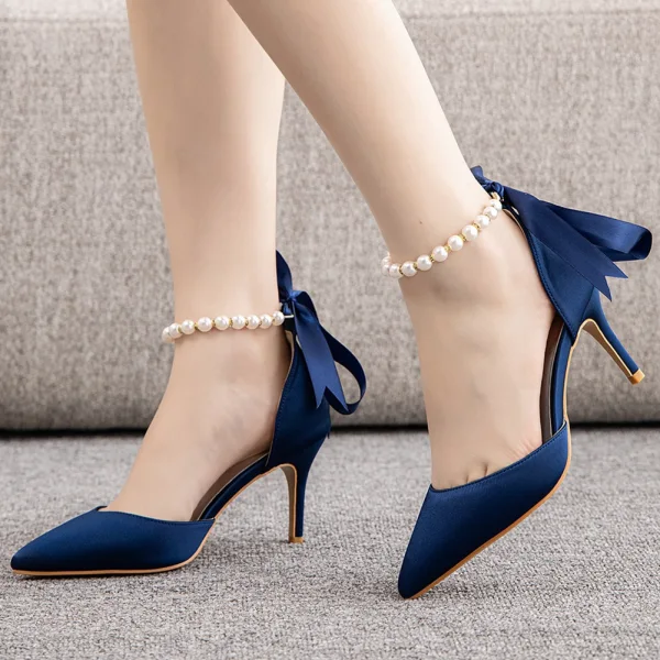 Charmant Noire Soirée Perle Bride Cheville Noeud Sandales Femme 2023 7 cm Talons Aiguilles À Bout Pointu Sandales Talons Hauts