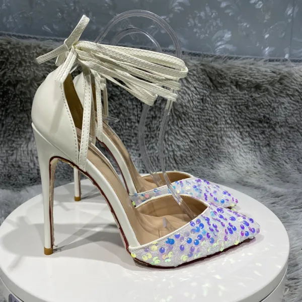 Charming Royal Blue Sequins Evening Party Womens Sandals 2022 12 cm Stiletto Heels Ankle Strap Pointed Toe Womens Shoes High Heels