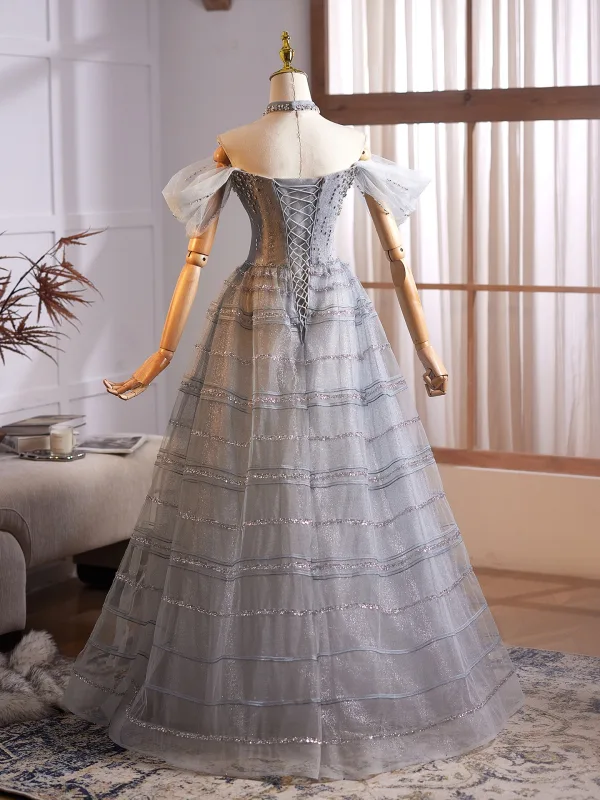 Bling Bling Grey Beading Rhinestone Sequins Prom Dresses 2025 Ball Gown Off-The-Shoulder Sleeveless Backless Floor-Length / Long Formal Dresses