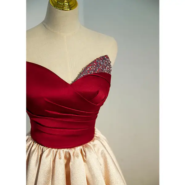 Vintage / Retro Classic Burgundy Satin Prom Dresses 2022 A-Line / Princess Sequins Strapless Sleeveless Backless Prom Floor-Length / Long Formal Dresses