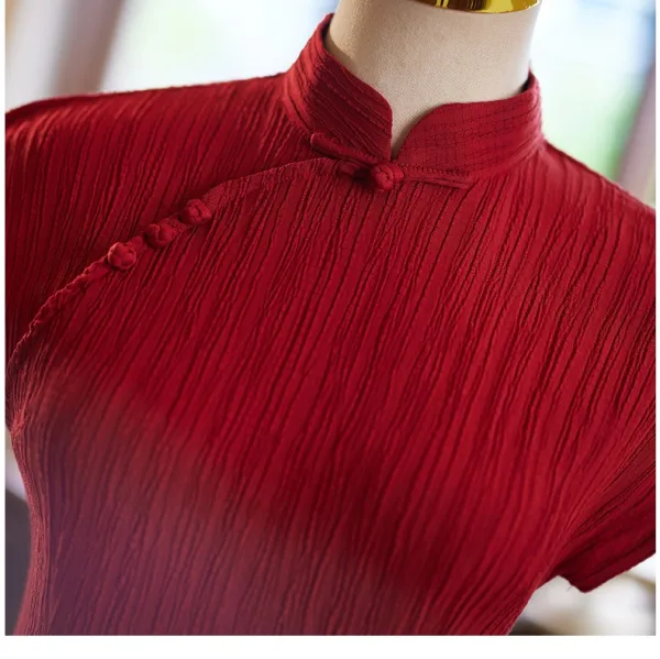 Vintage Chiński Styl Czerwone Lato Długość Herbaty Cheongsam 2024 Syrena / Rozkloszowane Wysokiej Szyi Kótkie Rękawy