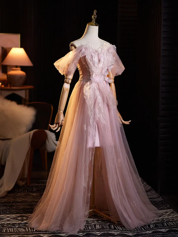 Schöne Rosa Perle Strass Pailletten Applikationen Gespaltete Front Ballkleider 2025 A Linie Off Shoulder Ärmellos Rückenfreies Lange Ball Festliche Kleider