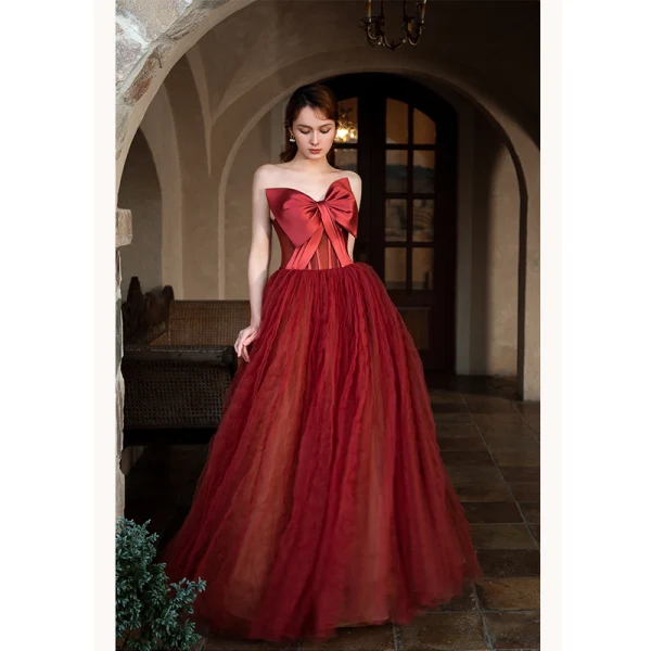 Fashion Red Prom Dresses 2022 A-Line / Princess Strapless Bow Sleeveless Backless Floor-Length / Long Formal Dresses