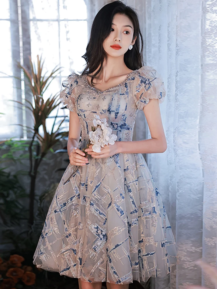 Charming Grey Beading Sequins Party Dresses 2022 A-Line Princess V-Neck Short Sleeve