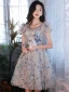Charming Grey Beading Sequins Party Dresses 2022 A-Line / Princess V-Neck Short Sleeve Backless Knee-Length Formal Dresses