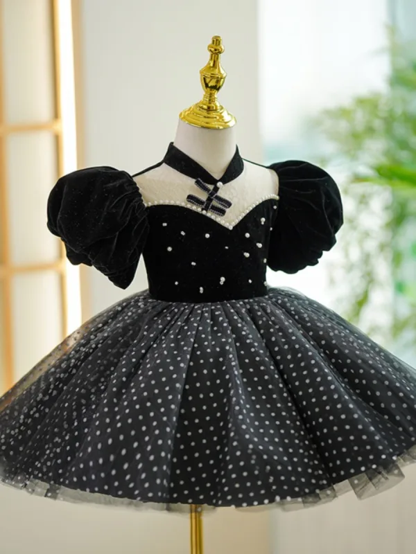 Audrey Hepburn Style Black Birthday Pearl Spotted Flower Girl Dresses 2023 Ball Gown High Neck Puffy Short Sleeve Short