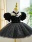 Audrey Hepburn Style Black Birthday Pearl Spotted Flower Girl Dresses 2023 Ball Gown High Neck Puffy Short Sleeve Short