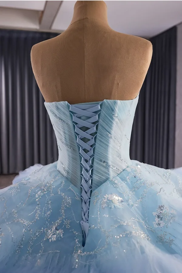 Luxury / Gorgeous Sky Blue Beading Cascading Ruffles Pearl Sequins Prom Dresses 2025 Ball Gown Strapless Sleeveless Backless Sweep Train Formal Dresses