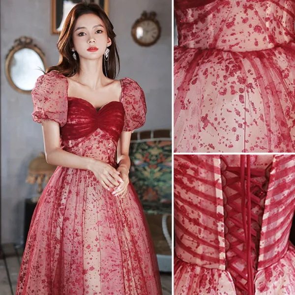 Elegant Burgundy Sequins Evening Dresses 2022 A-Line / Princess Square Neckline Short Sleeve Backless Bow Floor-Length / Long Evening Party Formal Dresses