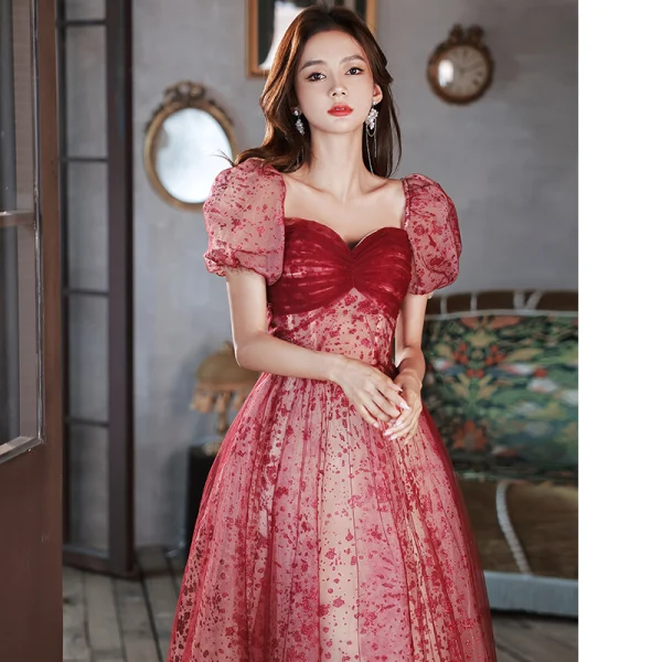 Elegant Burgundy Sequins Evening Dresses 2022 A-Line / Princess Square Neckline Short Sleeve Backless Bow Floor-Length / Long Evening Party Formal Dresses