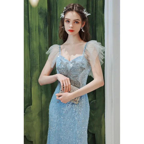 Scintillantes Bleu Ciel Perlage Paillettes Robe De Bal 2022 Trompette / Sirène Encolure Carrée Sans Manches Dos Nu Longue Robe De Ceremonie