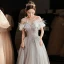Charmant Gris Perlage Paillettes Robe De Soirée 2023 Princesse De l'épaule Gland Manches Courtes Dos Nu Longue Soirée Robe De Ceremonie