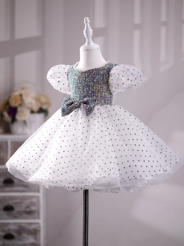Fashion White Sequins Spotted Short Flower Girl Dresses 2024 Ball Gown Pearl Scoop Neck Short Sleeve