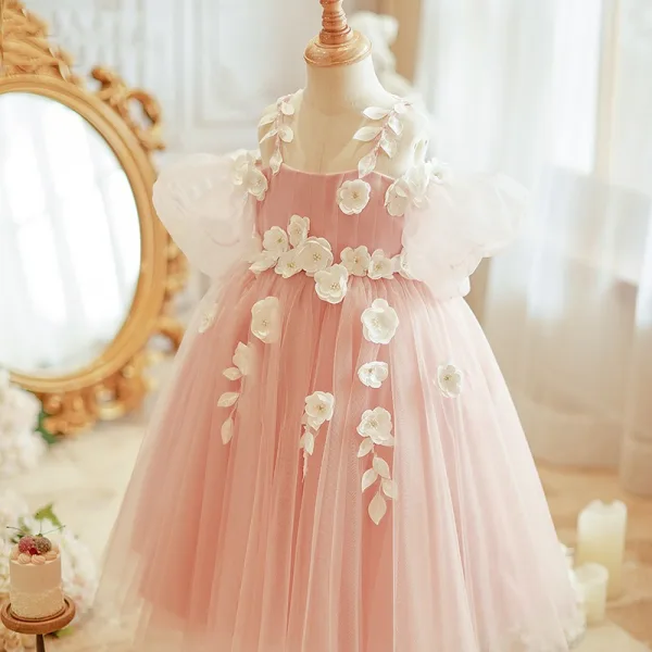 Flower Fairy Blushing Pink Appliques Birthday Flower Girl Dresses 2024 Ball Gown Spaghetti Straps Short Sleeve Backless Floor-Length / Long