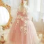 Flower Fairy Blushing Pink Appliques Birthday Flower Girl Dresses 2024 Ball Gown Spaghetti Straps Short Sleeve Backless Floor-Length / Long