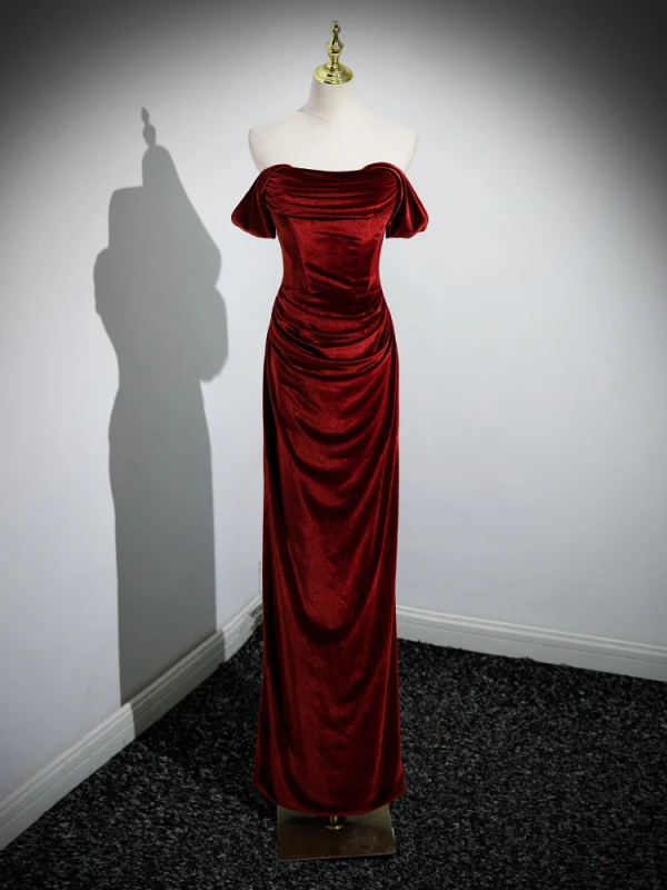 Sexy Burgundy Velvet Evening Dresses 2023 Trumpet / Mermaid Square Neckline Sleeveless Backless Floor-Length / Long Formal Dresses