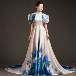 Vintage Originale Style Chinois Champagne Robe De Soirée 2023 Princesse Col Haut Sans Manches Dos Nu Tribunal Train Soirée Robe De Ceremonie