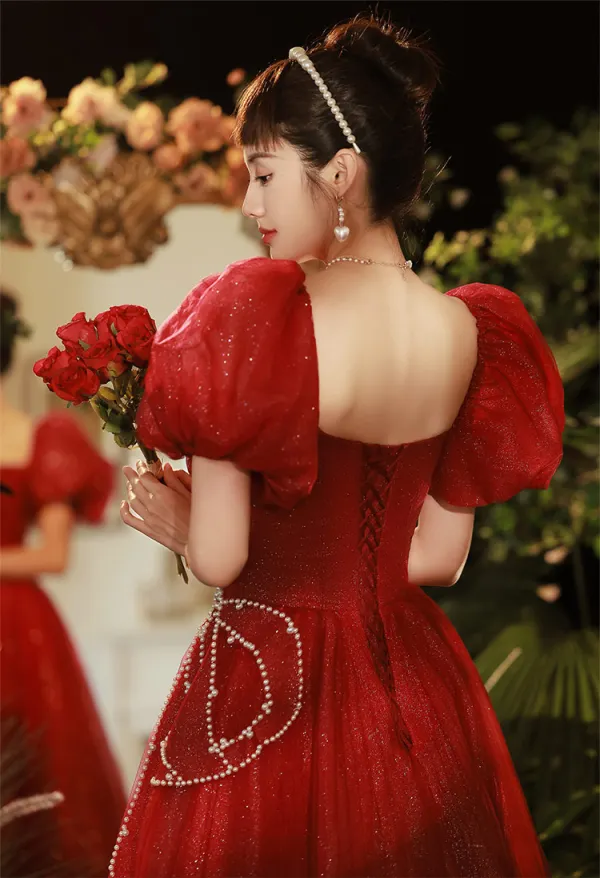 Chic / Beautiful Burgundy Pearl Sequins Prom Dresses 2022 A-Line / Princess Square Neckline Puffy Short Sleeve Floor-Length / Long Prom Formal Dresses