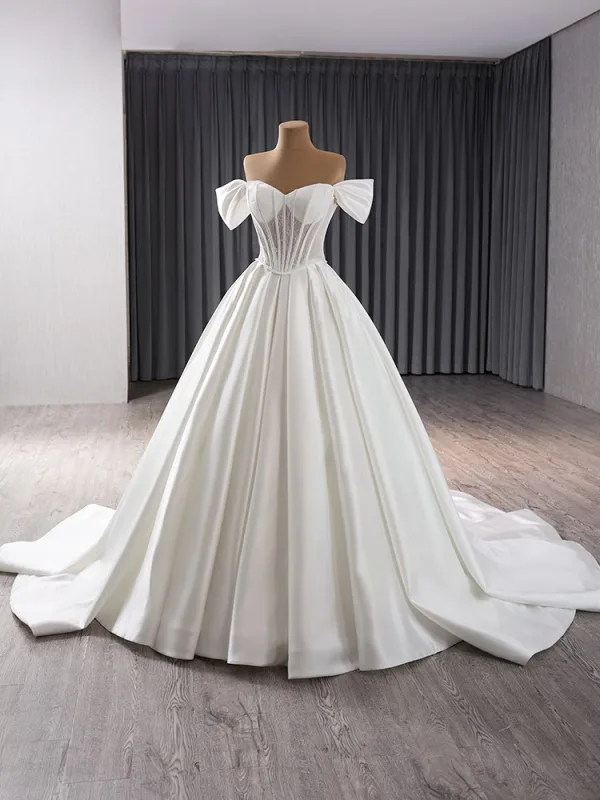 High-end Elegant White Lace Satin Wedding Dresses 2024 Ball Gown Off-The-Shoulder Sleeveless Court Train Prom