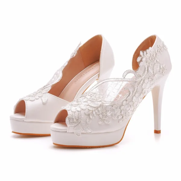 Fashion White Lace Flower Wedding Shoes 2023 Wedding 11 cm Stiletto Heels Open / Peep Toe Sandals High Heels