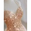 Glitzernden Sexy Champagner Perlenstickerei Pailletten Abendkleider 2023 Meerjungfrau Spaghettiträger Ärmellos Rückenfreies Sweep / Pinsel Zug Abend Festliche Kleider