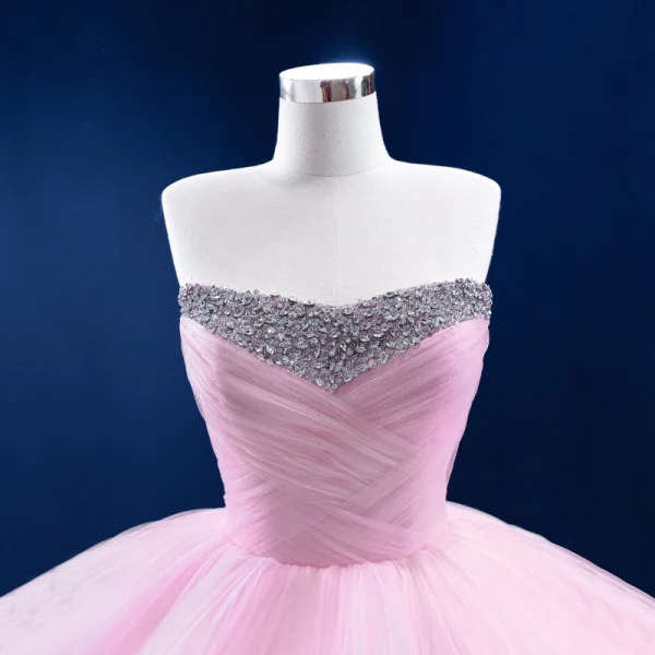 High-end Blushing Pink Cascading Ruffles Prom Dresses 2022 Ball Gown Strapless Rhinestone Sleeveless Backless Court Train Prom Formal Dresses