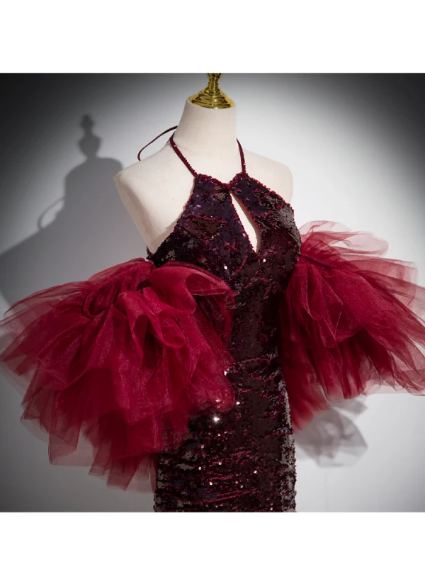 Charmant Bordeaux Paillettes Robe De Bal 2024 Trompette / Sirène Titulaire Dos Nu Noeud Manches Courtes Longue Promo Robe De Ceremonie