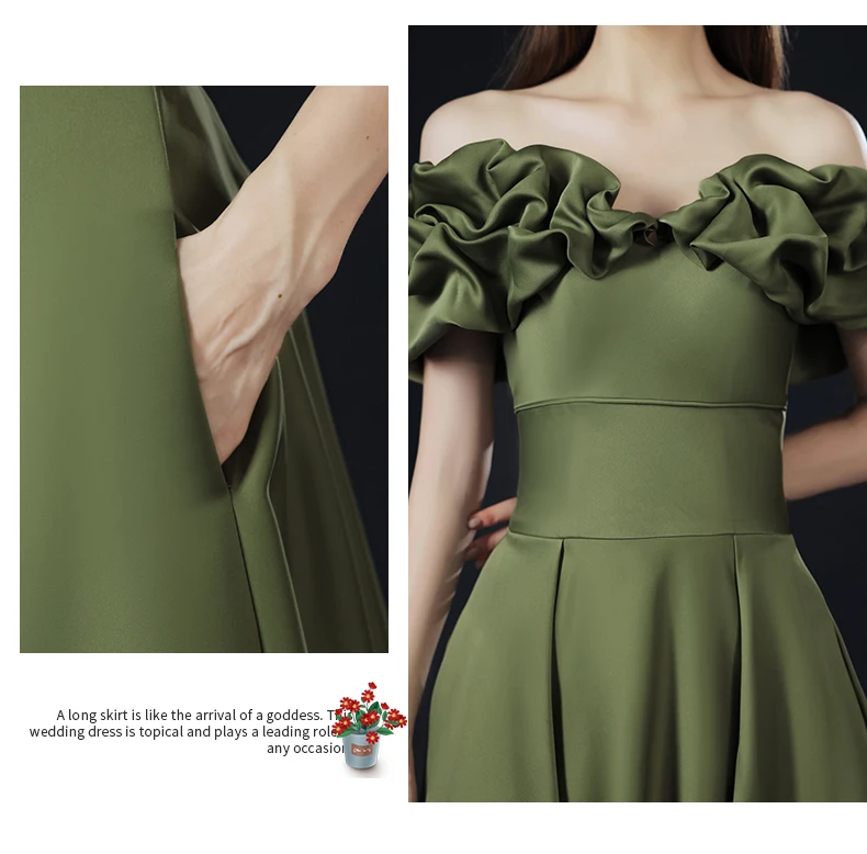 Vintage Retro Olive Green Off The Shoulder Prom Dresses 2021 A Line  Princess Crossed Straps Ruffle Short Sleeve Solid Color Satin Sweep Train  Evening Dresses