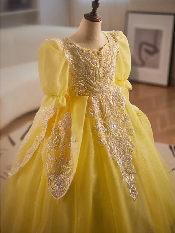 Vintage / Retro Yellow Beading Pearl Sequins Flower Girl Dresses 2024 Ball Gown Square Neckline Birthday 1/2 Sleeves Backless Floor-Length / Long