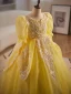 Vintage / Retro Yellow Beading Pearl Sequins Flower Girl Dresses 2024 Ball Gown Square Neckline Birthday 1/2 Sleeves Backless Floor-Length / Long