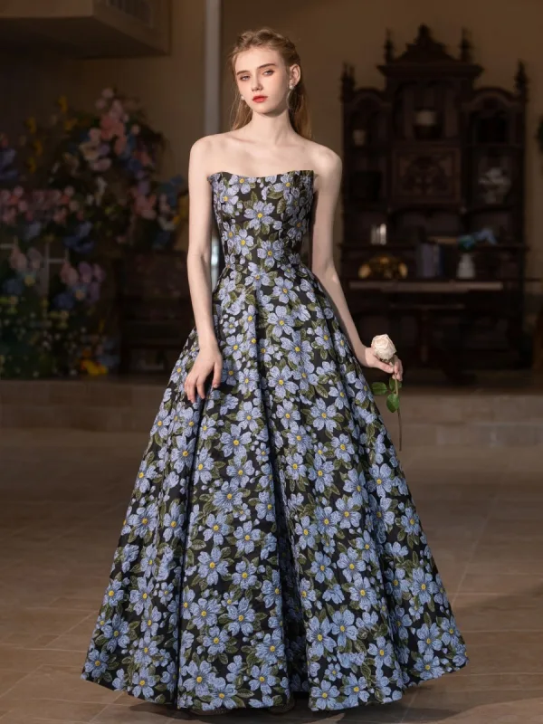 open lace back dress Blue Floral Print Tulle Prom Dresses 2025 Tiered Off the Shoulder Form –  Viniodress main image 0